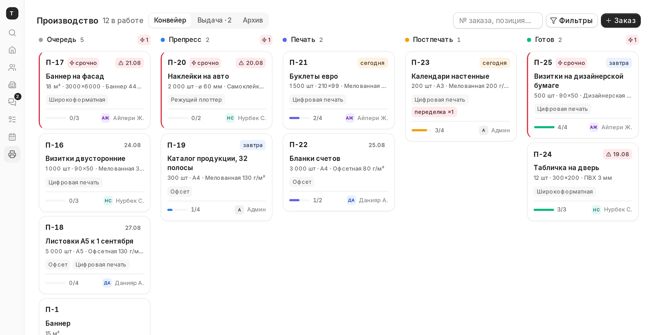 Доска цеха типографии: заказы по этапам от очереди до выдачи